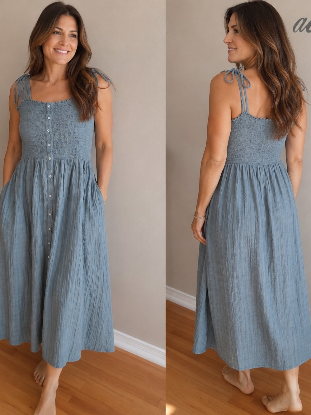 aerie Dusty Green Tie‑Shoulder  Smocked Maxi Dress
